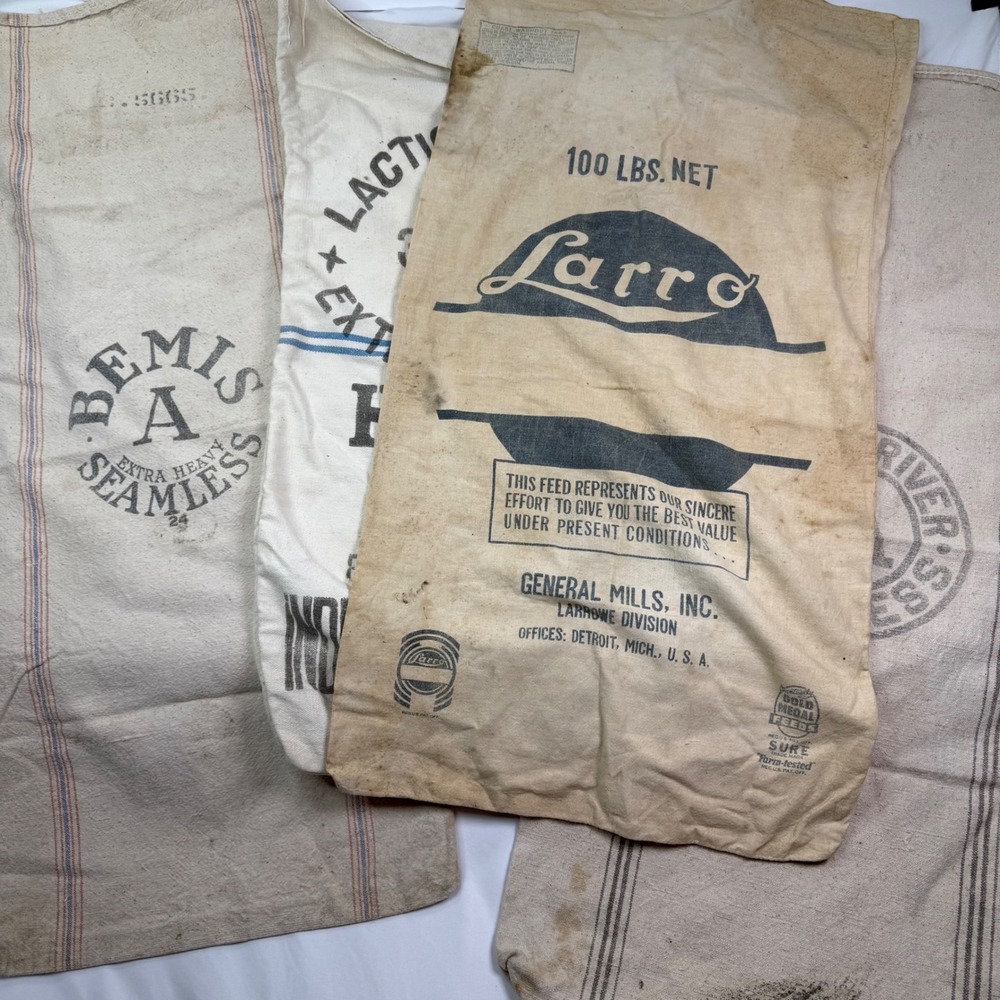 Vintage Grain Feed Sacks Lot Bemis Larro General Mills Farmhouse Decor 4 pc